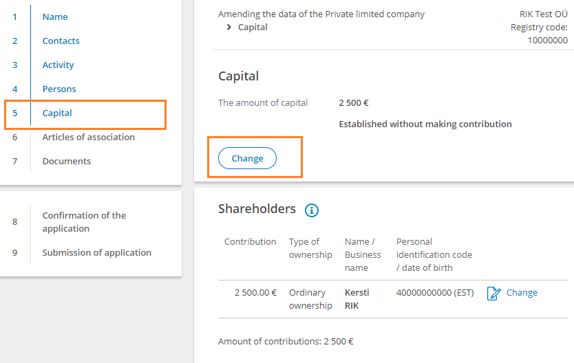 Starting share capital contribution OÜ application in e-Business Register